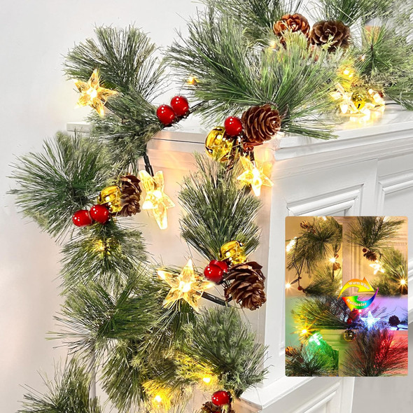 6FT Dual Color Changing Smokey Christmas Garland with Lights Timer 8 Mode, Prelit Natural Rustic Cedar Pine Garland with Warm White & Colorful Lights Pine Cones Berry Bell for Mantle Fireplace Stairs