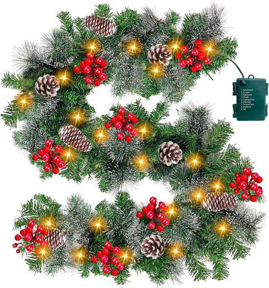 TURNMEON 6 Ft by 10 Inch Prelit Christmas Garland with Timer 30 Warm Lights 8 Modes 8 Pine Cone Snowy Bristle Pine 88 Berries Battery Operated Xmas Christmas Decorations Home Outdoor Fireplace Mantle