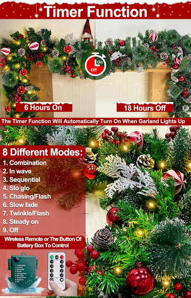 Remote Control&Timer 9 Ft Prelit Christmas Garland with 50 Warm White Lights 8 Modes Cedar Garland 6 Cypress Leaves 18 Ball 300 Snowy Tips 198 Red Berry 18 Pine Cone Christmas Decor Indoor Home Mantel