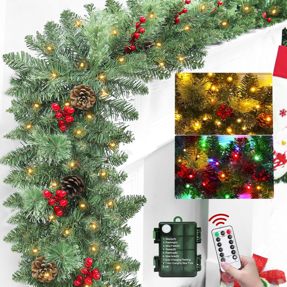 Dual Color Change & Remote Control - 9Ft Pre-Lit Christmas Garland Decoration Timer 50 Warm White & Multicolored Lights Pine Cones Berried Smokey Pine Bristle, Xmas Garland for Christmas Decor Indoor