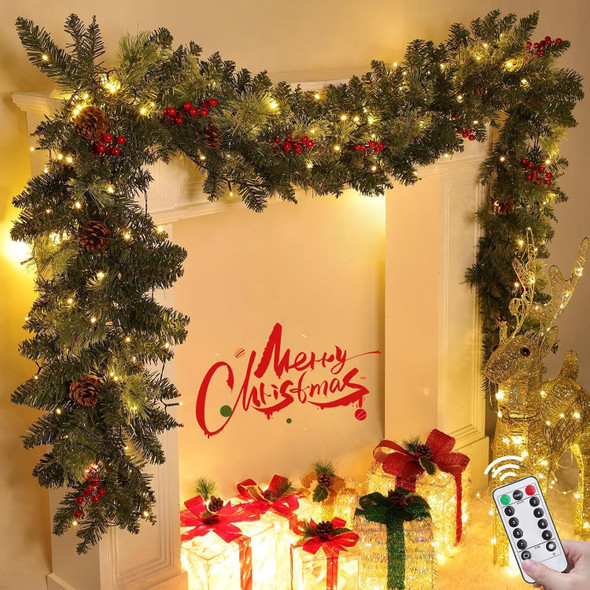 Dual Color Change & Remote Control - 9Ft Pre-Lit Christmas Garland Decoration Timer 50 Warm White & Multicolored Lights Pine Cones Berried Smokey Pine Bristle, Xmas Garland for Christmas Decor Indoor