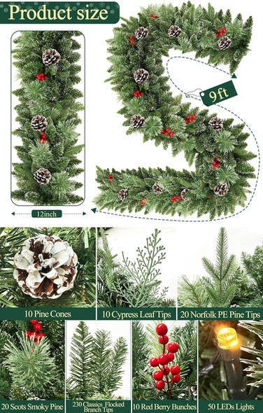 Realistic-Feel PE & 4 Mixed Lifelike Branches-9 Ft by 12 Inch Prelit Norfolk Pine Christmas Garland Remote 50 Warm White&Colored Light,280 Branches&Cedar Garland &Red Berry Pinecone,Xmas Garland Decor