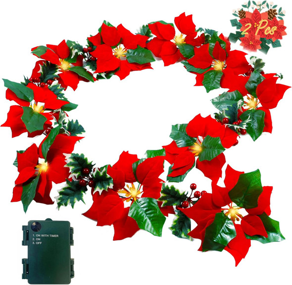 Twinkle Star 2 Pack Pre-Lit Christmas Poinsettia Garland with Red Berries and Holly Leaves, 6 FT Velvet Artificial Flower Xmas String Lights, Battery Operated Cordless Indoor Outdoor Home Decorations