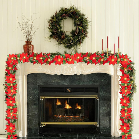 Twinkle Star 2 Pack Pre-Lit Christmas Poinsettia Garland with Red Berries and Holly Leaves, 6 FT Velvet Artificial Flower Xmas String Lights, Battery Operated Cordless Indoor Outdoor Home Decorations