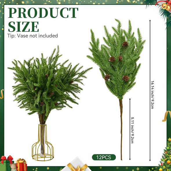 12 Pcs Christmas Norfolk Pine Branches, Artificial Christmas Pine Branches Norfolk Pine Stems, DIY Crafts Faux Christmas Greenery Stems, Real Touch, for Xmas Indoor Outdoor Home Decor.