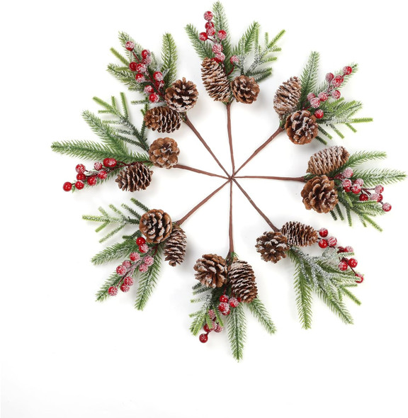 U'Artlines 20Pcs Christmas Red Berry Picks 10 inch Artificial Holly Branches with Red Berry and Pine Cones, Winter Holiday Floral Picks for Xmas Tree DIY Crafts Holiday Party Decoration