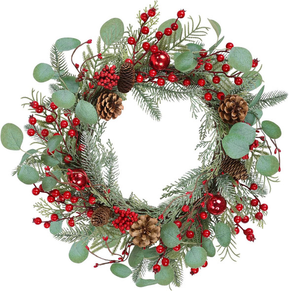 U'Artlines 20 Inch Christmas Wreaths for Front Door, Winter Holiday Wreaths with Red Berry Pine Cones Eucalyptus Leaves for Door Window Indoor Outdoor Decor (Include Xmas Wreath Storage Bag)