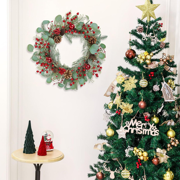 U'Artlines 20 Inch Christmas Wreaths for Front Door, Winter Holiday Wreaths with Red Berry Pine Cones Eucalyptus Leaves for Door Window Indoor Outdoor Decor (Include Xmas Wreath Storage Bag)