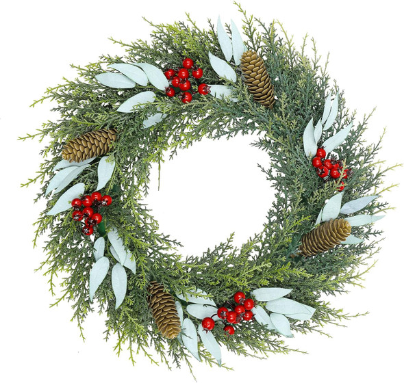U'Artlines 18" Artificial Christmas Wreath Front Door Wreath with Red Berry Pine Cones Christmas Decorations for Winter Xmas Holiday Home Indoor Outdoor Use (Green,1)