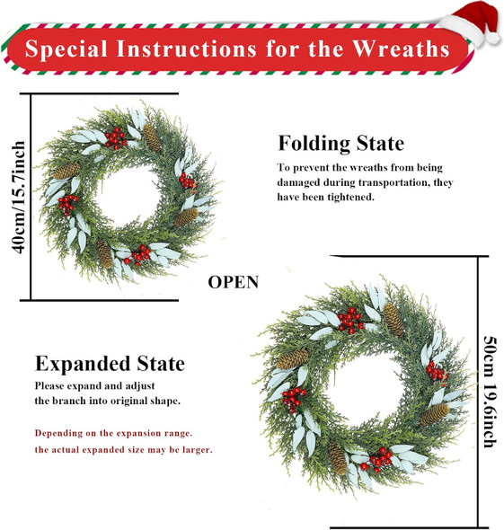 U'Artlines 18" Artificial Christmas Wreath Front Door Wreath with Red Berry Pine Cones Christmas Decorations for Winter Xmas Holiday Home Indoor Outdoor Use (Green,1)
