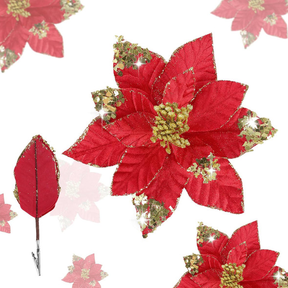 U'Artlines 12 Pcs Large Poinsettias Artificial Christmas Flowers with Clips, 9 Inch Glitter Red Poinsettia Flowers Christmas Decorations for Xmas Tree Year Holiday Wedding Party Ornaments