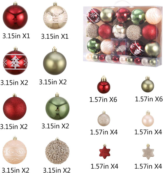 42 Pcs Christmas Ball Ornaments Set Burgundy Army Green Champagne Shatterproof Christmas Tree Decorations Glittering Decorative Hanging Ornament Bulk for Xmas Tree Wreath and Holiday Party Decor