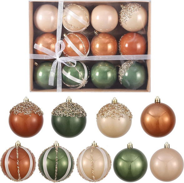 12 Pcs Christmas Ball Ornaments Set Brown Green Champagne Neutral Shatterproof Christmas Tree Decorations 3.15 Inch Glittering Decorative Hanging Ornament Bulk for Xmas Tree Wreath Holiday Party Decor 12 Pcs Christmas Ball Ornaments Set Brown Green Champagne Neutral Shatterproof Christmas Tree Decorations 3.15 Inch Glittering Decorative Hanging Ornament Bulk for Xmas Tree Wreath Holiday Party Decor