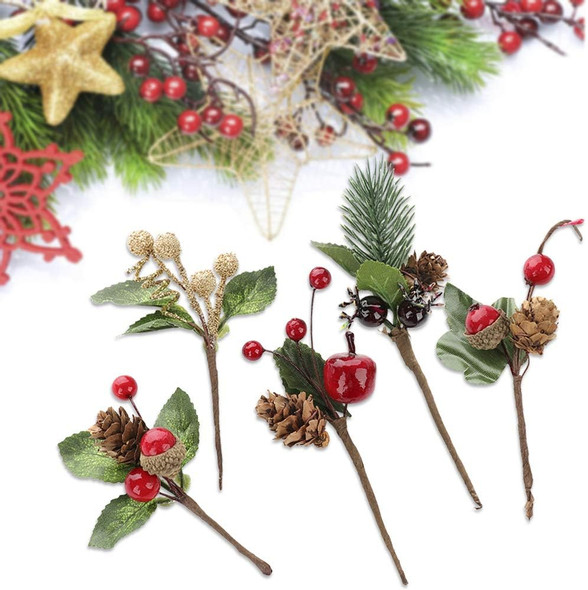 30 Pcs Artificial Pine Picks, Red Berry Stems Pine Branches Mini Artificial Holly Red Berry Pine Cone Picks for Christmas Holiday Decor Crafts s