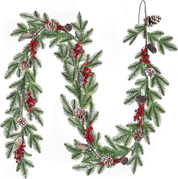 Christmas Pine Garland Artificial 6.3FT with Red Berry Branch Pine Cone Winter Greenery Garland for Holiday Season Decor, Xmas Tree Garland, Table Runner Decorations, Outdoor Indoor for Stairs Railing