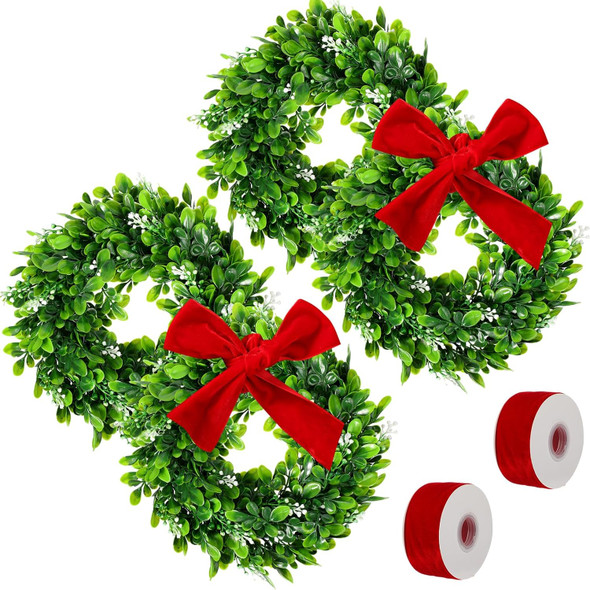 Unittype 4 Pcs Christmas Kitchen Cabinet Wreaths Xmas Green Faux Artificial 2 Roll Red Ribbons for Door Farmhouse Hanging Wall Window Door Hanging Xmas Decoration