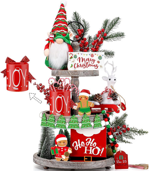 23 Pcs Christmas Tiered Tray Decorations, Gnome Plush 12oz Red Joy Mug Gingerbread Man Xmas Tree Bead Garland Candy Cane Merry Christmas Wooden Tray Signs for Xmas Farmhouse Home Table Decoration
