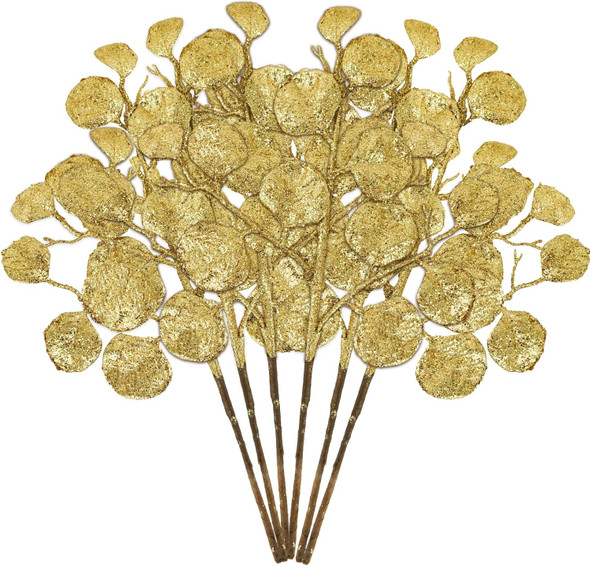 6 Pieces Golden Christmas Tree Picks and Sprays 16.9" Christmas Glitter Eucalyptus Leaves Stems for Christmas Tree Filler Wreath Swag Floral Arrangment Table Centerpieces Decoration
