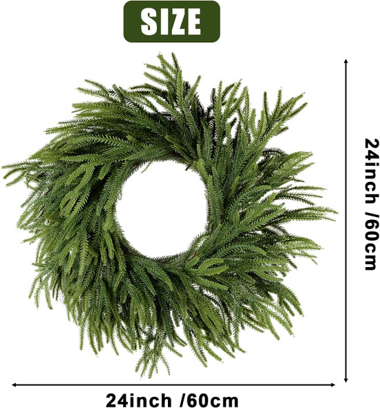 24 Inch Christmas Wreath for Front Door, Norfolk Pine Wreath for Home Porch Window Wall Farmhouse Decor Indoor Outdoor, Green Wreath Front Door Wreath