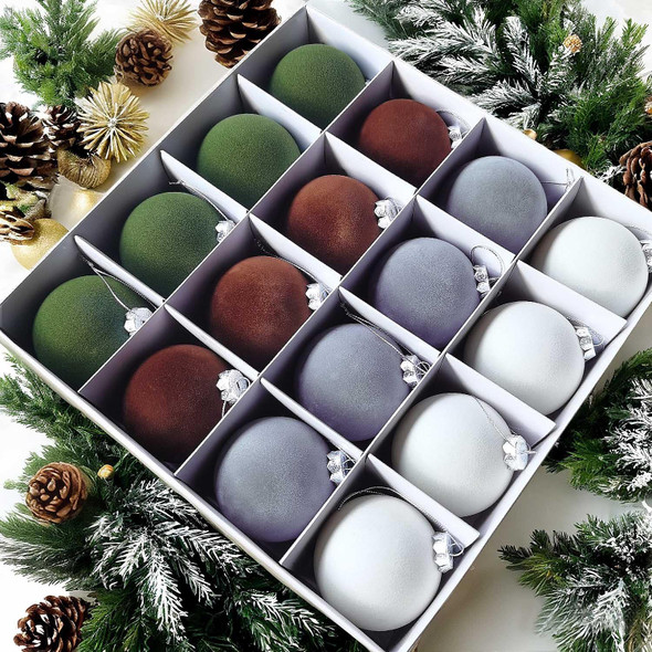 16 Pcs Velvet Christmas Balls Ornaments, 3.15" Shatterproof Flocked Christmas Tree Ornaments, Velvet Christmas Ornaments Xmas Tree Balls, Christmas Tree Decorations Brown Green Beige Dusty Blue