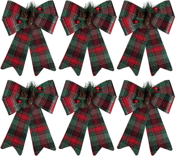 URATOT 6 Pack Christmas Wreaths Bows with Pinecones Needles Xmas Decorations Bows Natural Christmas Tree Bows for Holiday Decoration or DIY Crafts, 9 x 12 Inches