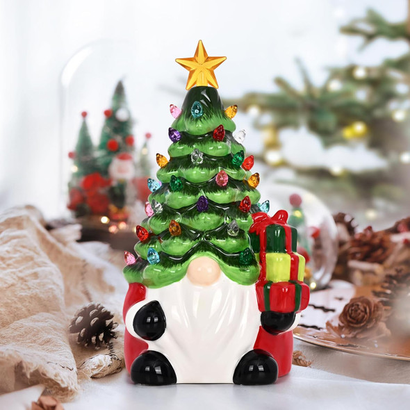 Uspring Gnome Christmas Decorations Ceramic Christmas Trees That Light Up 8'' Gnome Christmas Tree with 46 Multicolored Lights Christmas Gnomes for Tabletop Home Room Fireplace (Green)