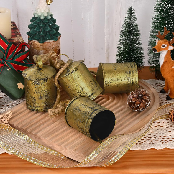 Uspring Christmas Rustic Cow Bells, Vintage Gold Bells, Shabby Chic Bell, Brass Tibetan Bell with Jute Rope, Christmas Decorative Bells Wall Hanging, (Set of 4, 4Inch/PC)