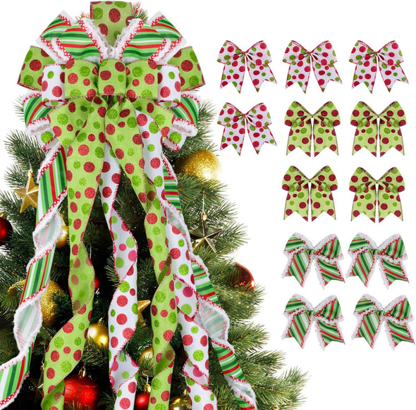 1 Large Christmas Tree Topper Bows and 12Pcs Small Wreath Bows Set Candy Stripe Red Green Dot Bow Xmas Ornaments for Christmas, Holiday Party, Indoor/Outdoor Home Decor, 47"x13" 1 Large Christmas Tree Topper Bows and 12Pcs Small Wreath Bows Set Candy Stripe Red Green Dot Bow Xmas Ornaments for Christmas, Holiday Party, Indoor/Outdoor Home Decor, 47"x13"