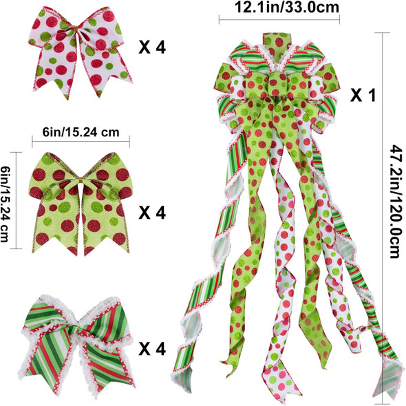 1 Large Christmas Tree Topper Bows and 12Pcs Small Wreath Bows Set Candy Stripe Red Green Dot Bow Xmas Ornaments for Christmas, Holiday Party, Indoor/Outdoor Home Decor, 47"x13" 1 Large Christmas Tree Topper Bows and 12Pcs Small Wreath Bows Set Candy Stripe Red Green Dot Bow Xmas Ornaments for Christmas, Holiday Party, Indoor/Outdoor Home Decor, 47"x13"