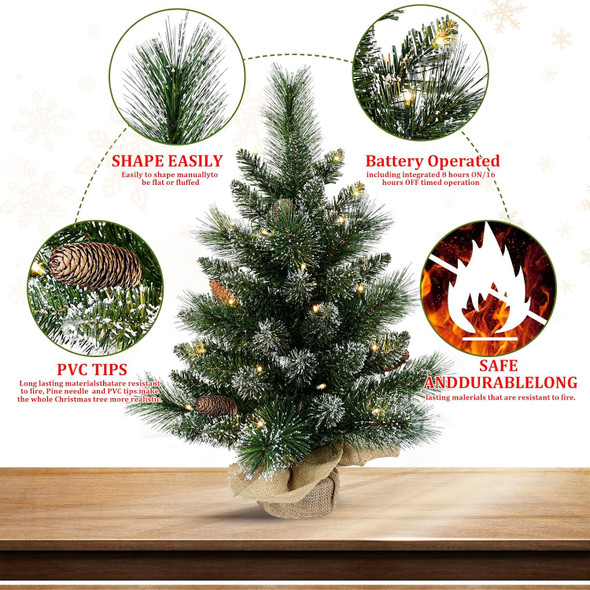 30 Led Warm Lights Pre-Lit Artificial Mini Christmas Tree, 2ft Snow Tipped Pine Artificial Christmas Tree,Seasonal Indoor Home Decor with Decorative Burlap Base