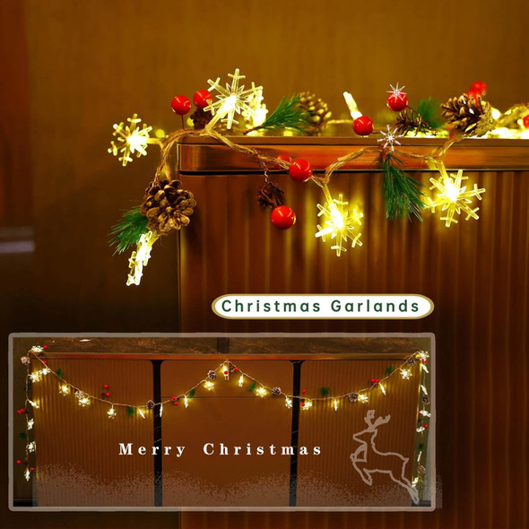 Christmas Garland with Snowflake Lights, 30 Led 10ft Battery Operated 8 Lighting Modes Timer Pine Cones Red Berry Garland Indoor Outdoor Office Decor Xmas String Light Mantle Decorations Warm White