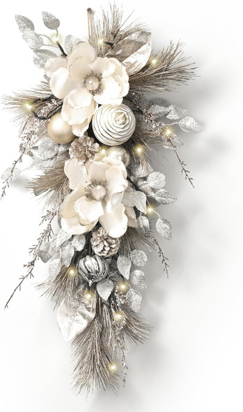 Valery Madelyn Pre-Lit Christmas Teardrop Swag for Decorating Outdoor, 24 Inch Mailbox Swag Decoration with 20 LED Lights, Champagne Gold Ball Ornament for Front Door Stairway Window Shelf Xmas Decor