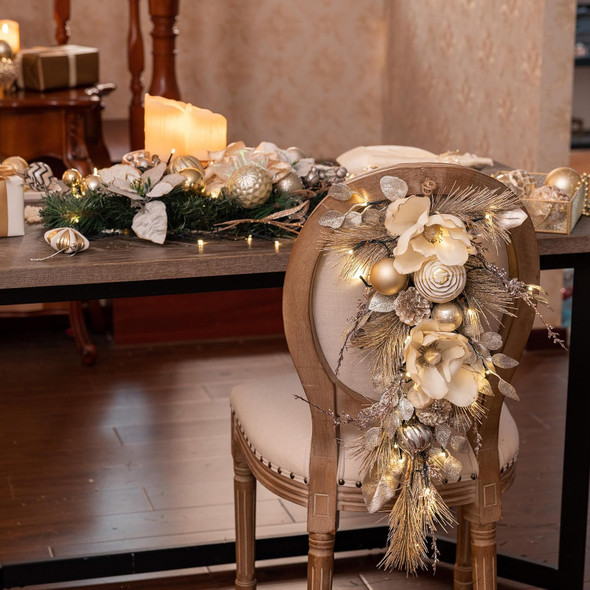 Valery Madelyn Pre-Lit Christmas Teardrop Swag for Decorating Outdoor, 24 Inch Mailbox Swag Decoration with 20 LED Lights, Champagne Gold Ball Ornament for Front Door Stairway Window Shelf Xmas Decor