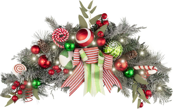 Valery Madelyn Pre-Lit Christmas Swag for Decorating Outdoor, 24 Inch Elf Red Green White Mailbox Swag Decoration Teardrop with 20 LED Lights, Ball Ornaments for Front Door Stairway Window Shelf Xmas