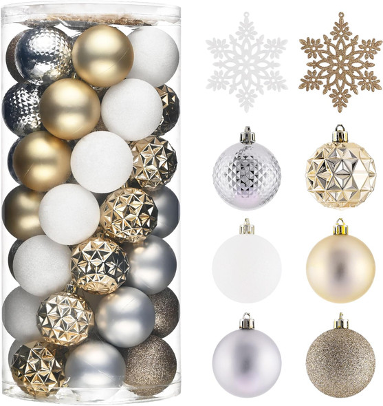 Valery Madelyn Christmas Tree Decorations Ornament Set for Fall Halloween Decor, 50ct White and Gold Shatterproof Christmas Ball Ornaments Bulk, 2.36 Inches Hanging Decor for Xmas Holiday Party