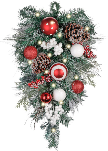 Valery Madelyn Pre-Lit Christmas Teardrop Swag for Decorating Outdoor, 24 Inch Red White Mailbox Swag Decoration with 20 LED Lights, Ball Ornaments for Front Door Stairway Window Shelf Xmas Decor