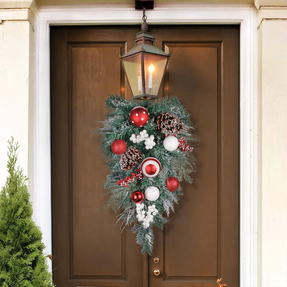 Valery Madelyn Pre-Lit Christmas Teardrop Swag for Decorating Outdoor, 24 Inch Red White Mailbox Swag Decoration with 20 LED Lights, Ball Ornaments for Front Door Stairway Window Shelf Xmas Decor