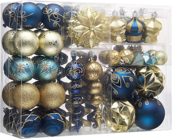 Valery Madelyn Christmas Tree Decorations Set, 108ct Blue and Gold Shatterproof Christmas Ball Ornaments Bulk, Peacock Hanging Ornaments for Christmas Trees Xmas Holiday Ramadan Decor