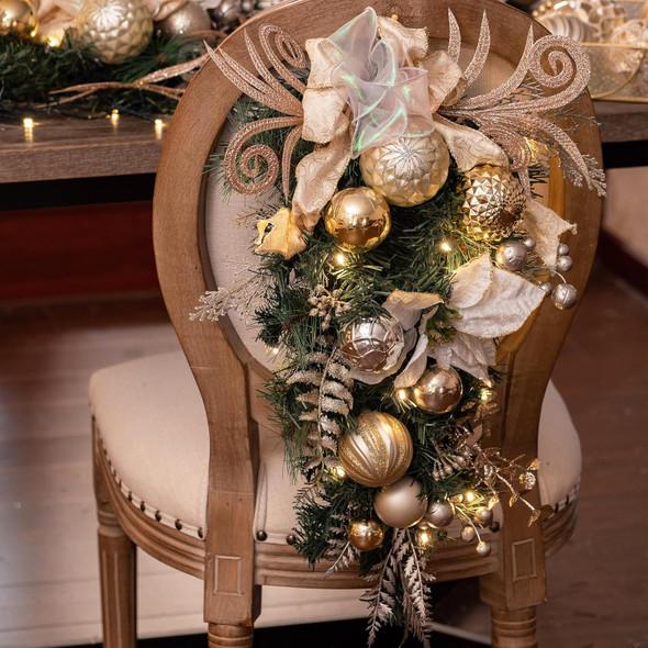 Valery Madelyn Pre-Lit Christmas Teardrop Swag for Decorating Outdoor, 24 Inch Mailbox Swag Decoration with 20 LED Lights, White Gold Ball Ornament for Front Door Stairway Window Shelf Xmas Decor