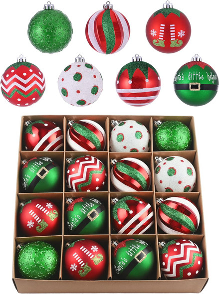 Valery Madelyn Christmas Ornaments Tree Decorations, 16ct Elf Red Green White Shatterproof Large Christmas Ball Ornaments Set, 3.15 Inch Decorative Hanging Ornament Bulk for Xmas Holiday Party Decor