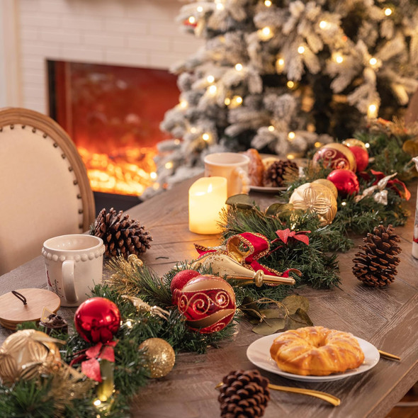 Valery Madelyn 6 feet Pre-Lit Christmas Garland with Lights for Mantle, Lighted Battery Operated Xmas Garland with Red Gold Balls for Front Door Fireplace Table Centerpiece Outdoor Window Decor