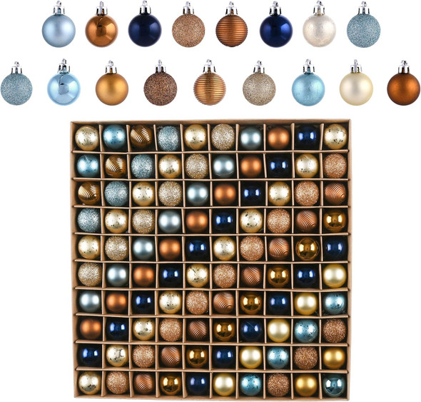 Valery Madelyn Mini Christmas Tree Ornaments Set, 100ct Blue Copper and Gold Shatterproof Christmas Tree Decorations Bulk, 1.18 Inches Hanging Ball Ornaments for Xmas Trees Holiday Decor