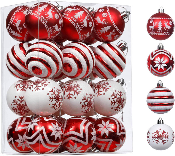 Valery Madelyn Christmas Ornaments Tree Decorations, 24ct Red and White Shatterproof Christmas Ball Ornaments Set, 2.36 Inch Decorative Hanging Ornament Bulk for Xmas Holiday Party Decor