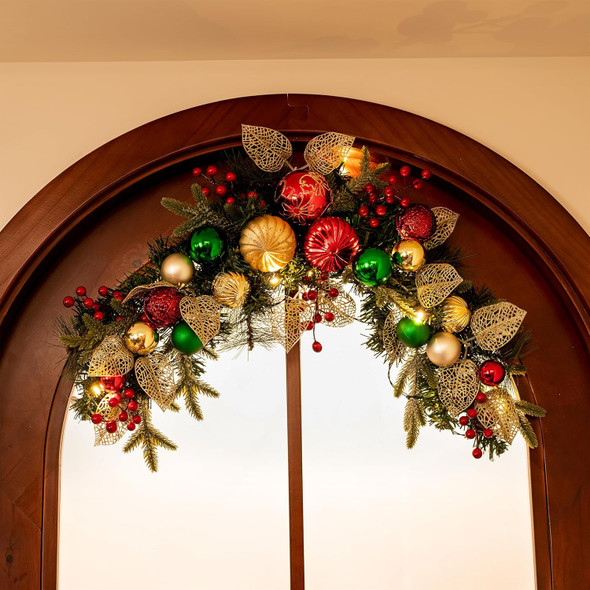 Valery Madelyn Pre-Lit Christmas Swag Outdoor, 24 Inch Mailbox Christmas Decorations Swag Teardrop for Front Door Stairs Railing Window Xmas Decor with 20 LED Lights Red Green Gold Ball Ornament