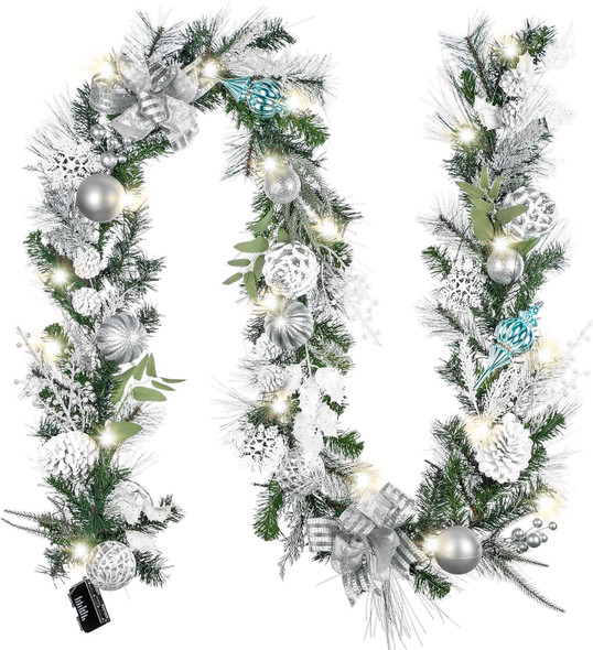 Valery Madelyn 9 feet Pre-Lit Christmas Garland with Lights for Mantle, Lighted Battery Operated Xmas Garland with Silver White Balls Ribbons for Front Door Fireplace Table Centerpiece Outdoor Decor