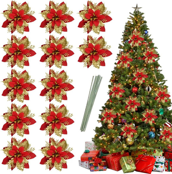 Vanleonet 12 PCS Christmas Glitter Artificial Poinsettia Flowers, Christmas Flowers Decorations, Glitter Poinsettia Tree Ornaments for Christmas Wreath Wedding Xmas Tree Decorations (Gold-Red-12pcs)