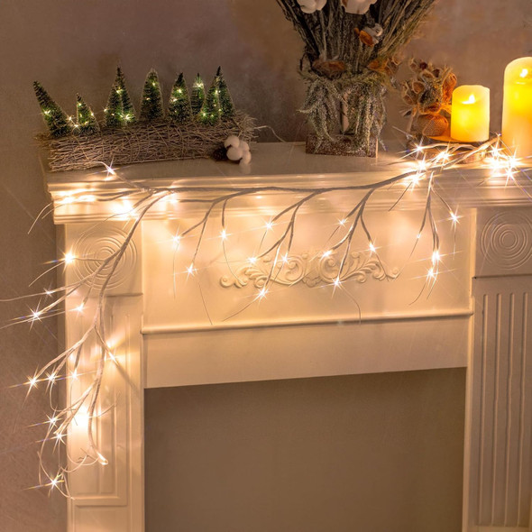 Vanthylit Lighted Christmas Garland, 6 FT White Birch Garlands with 48 LED Warm White Lights, Waterproof Outdoor White Twig Branch Garland Plug in Xmas Decoration for Bedroom Fireplace Mantle Mantel