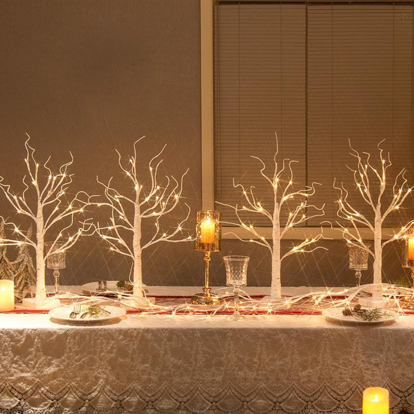 Vanthylit Christmas Tree Decorations, White Birch Tree with LED Lights- Set of 4, Warm White Small Tree Lights Battery Powered/USB, Timer Lighted Tree for Home Wedding Indoor Outdoor Decor (2 FT)