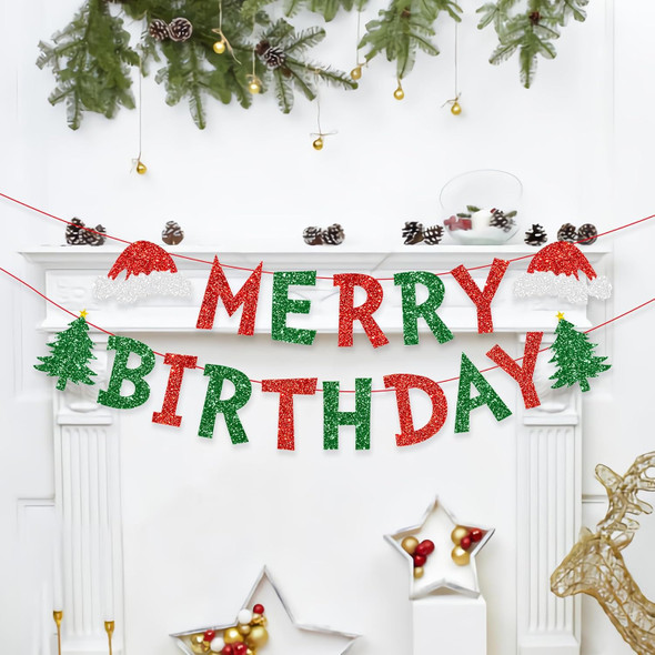 Christmas Decorations Indoor Merry Birthday Party Banners, Glittery Christmas Decor Banner for Party, Red Green Christmas Tree Garland Banner Home Fireplace Decor Xmas Decorations