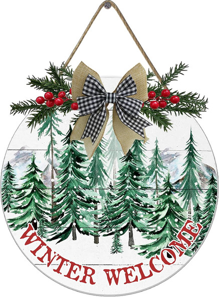 VELLOW Winter Front Door Welcome Sign, Merry Christmas Wooden Welcome Door Sign, Christmas Winter Pine Tree Welcome Wreath 12x12 inches